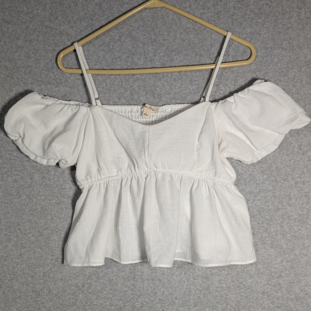 Moa Moa Puff Sleeve Blouse Womens Large White Puff Sleeve Smocked Peplum Top